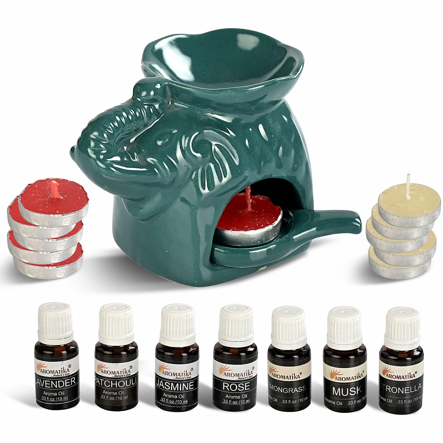LIVMORE Elephant Ceramic Oil Burner with 10 Tea Lights & 7 Aroma Oils (10ml) - Musk , Lavendar, Jasmine, Rose, Citronella, Lemongress & Patchouli