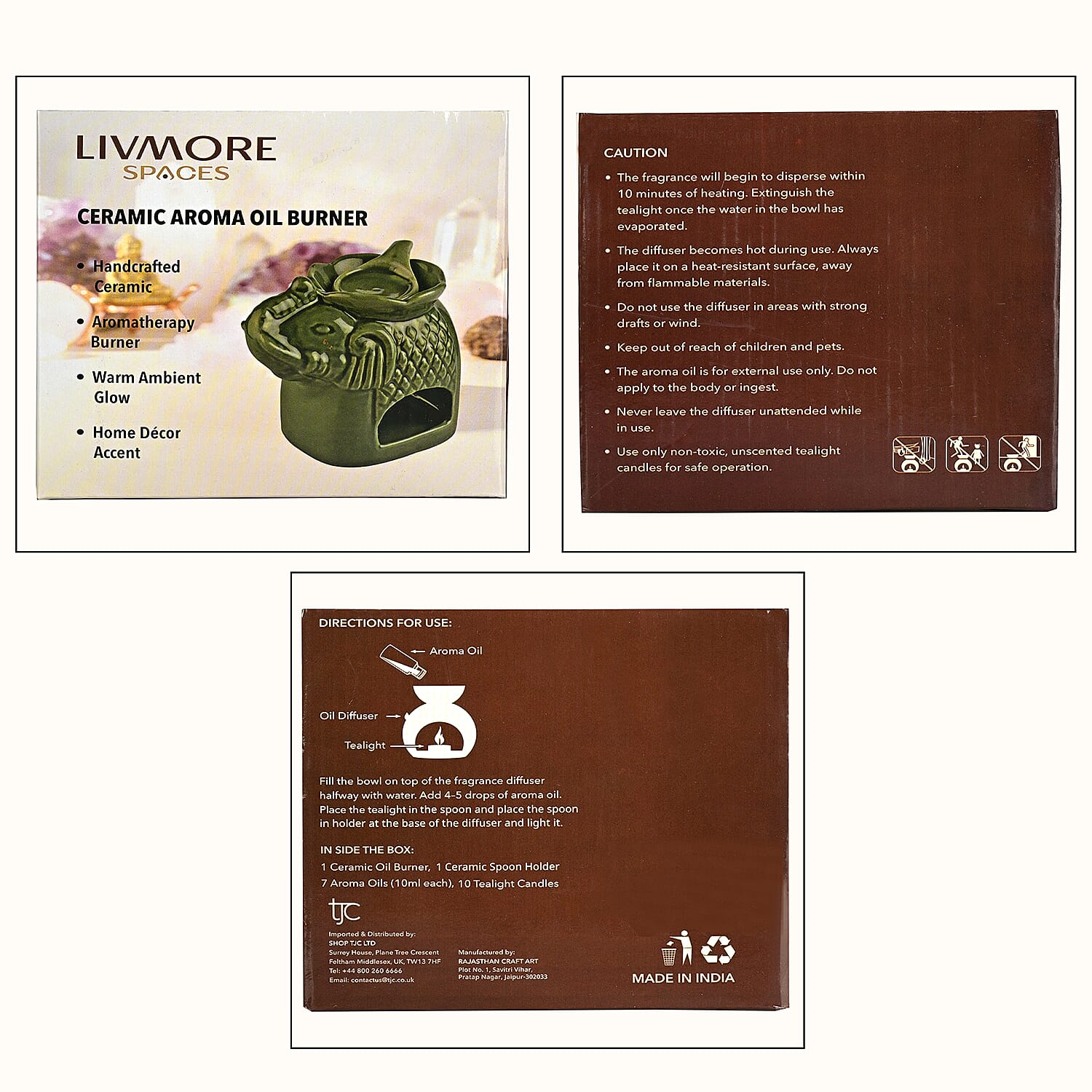 LIVMORE Elephant Ceramic Oil Burner with 10 Tea Lights & 7 Aroma Oils (10ml) - Musk , Lavendar, Jasmine, Rose, Citronella, Lemongress & Patchouli