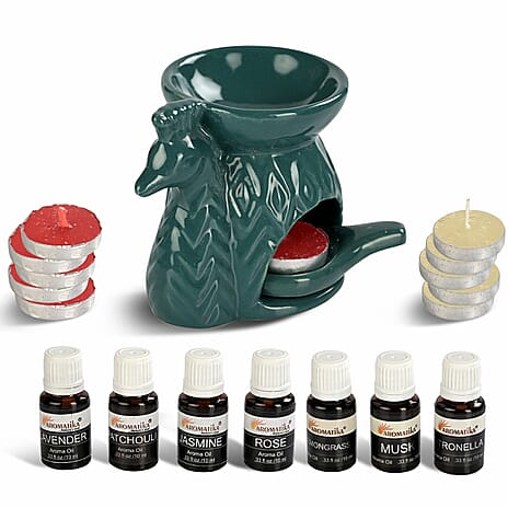 LIVMORE Peacock Ceramic Oil Burner with 10 Tea Lights & 7 Aroma Oils (10ml)