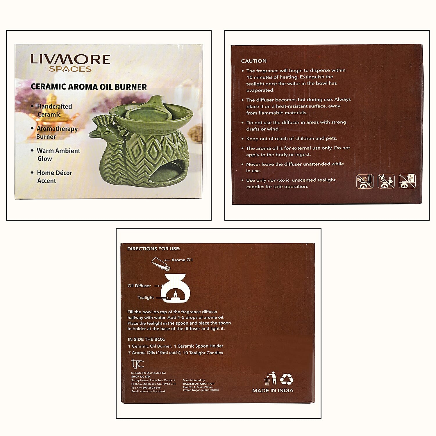 LIVMORE Peacock Ceramic Oil Burner with 10 Tea Lights & 7 Aroma Oils (10ml)