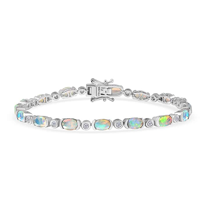 D'Joy Ethiopian Opal & Natural Zircon Bracelet (Size 7) with GB Lock Box in Rhodium Overlay Sterling Silver 5.39 Ct, Silver Wt. 8.83 Gms.