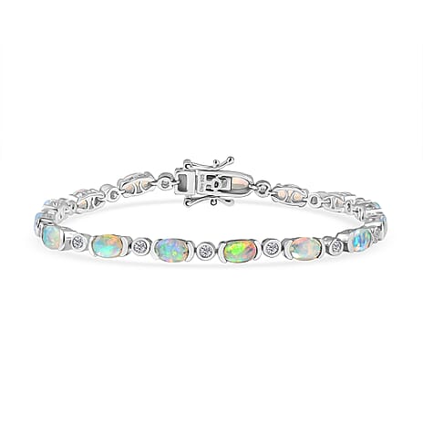 D'Joy Ethiopian Opal & Natural Zircon Bracelet (Size 7) with GB Lock Box in Rhodium Overlay Sterling Silver 5.39 Ct, Silver Wt. 8.83 Gms.