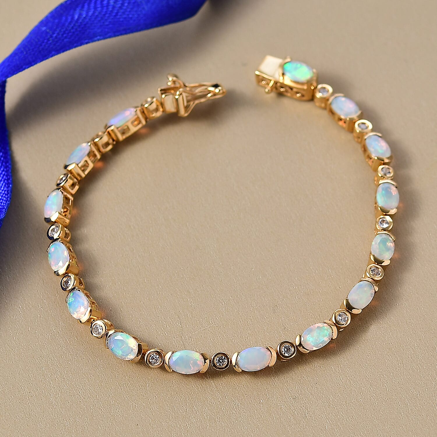D'Joy Ethiopian Opal & White Zircon Cluster Bracelet (Size 7.5) with GB Lock Box in 18K Vermeil Yellow Gold Plated Sterling Silver 5.16 Ct, Silver Wt. 9.37 Gms.