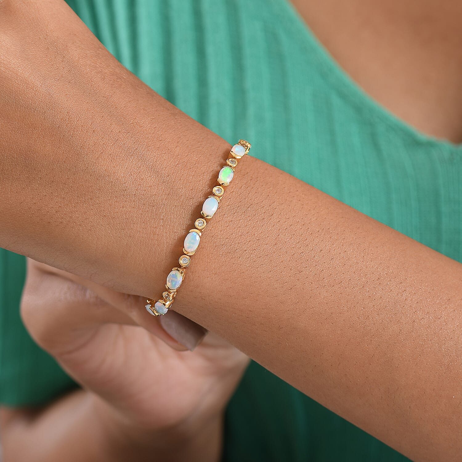 D'Joy Ethiopian Opal & White Zircon Cluster Bracelet (Size 7.5) with GB Lock Box in 18K Vermeil Yellow Gold Plated Sterling Silver 5.16 Ct, Silver Wt. 9.37 Gms.