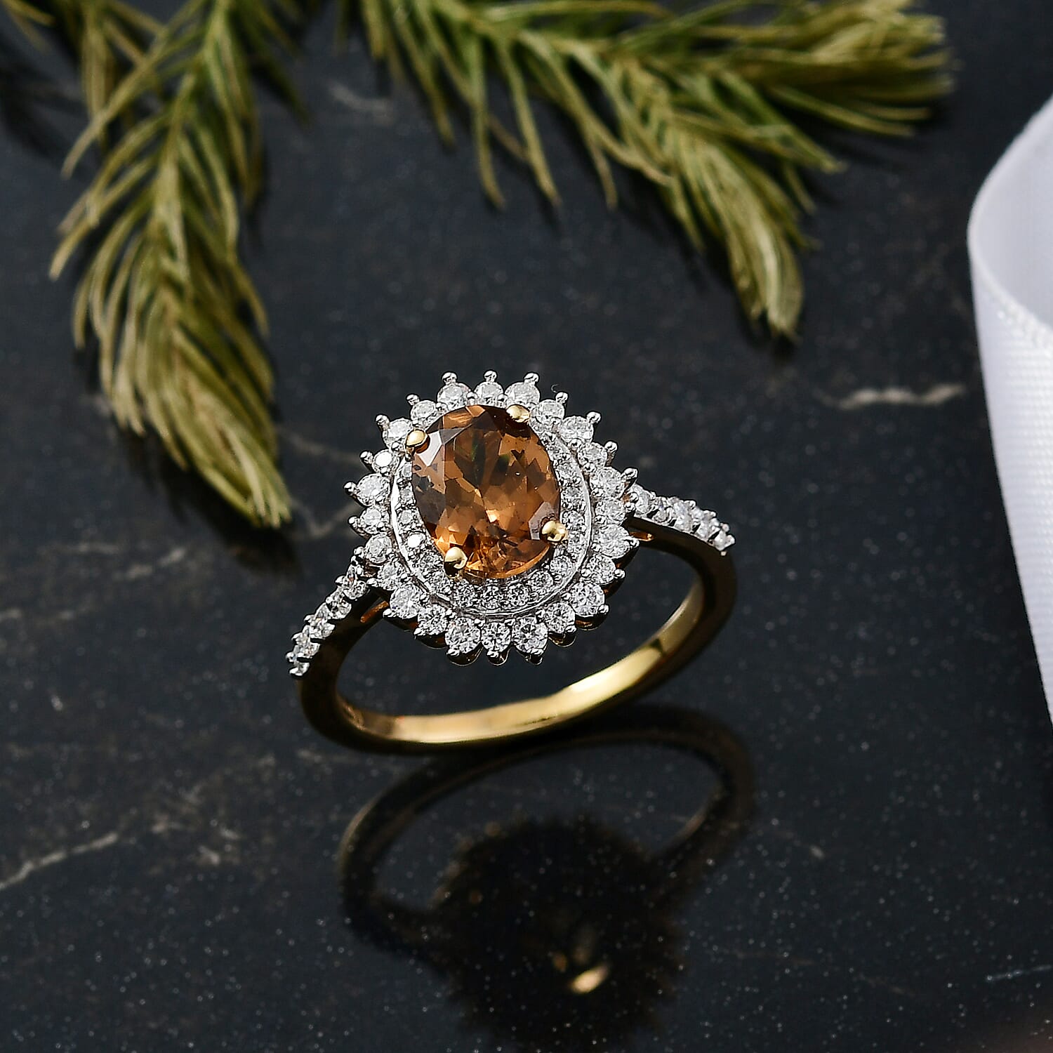 D'Joy Golden Turkizite & Moissanite Ring in 18K Vermeil Yellow Gold Plated Sterling Silver 2.07 Ct.