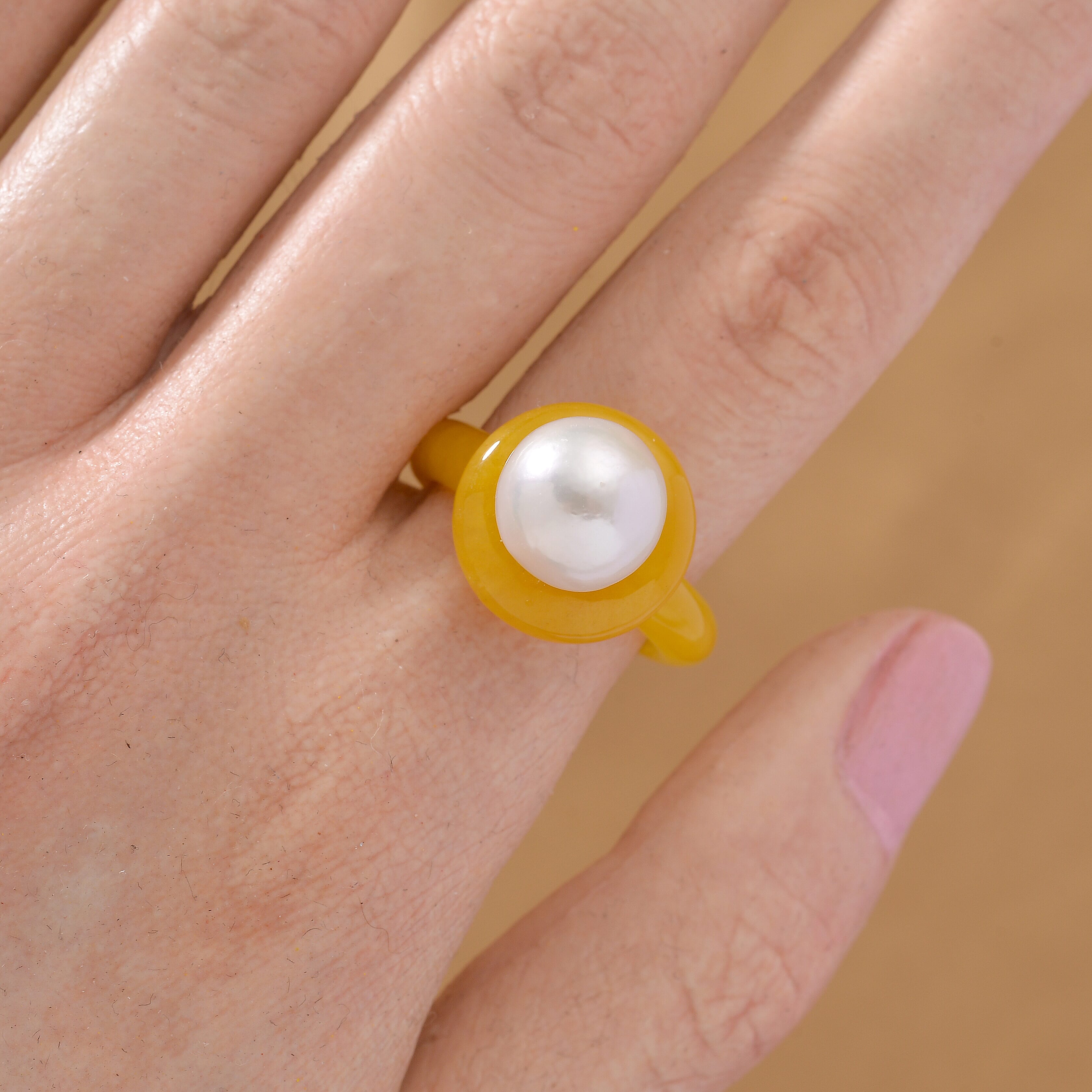 D'Joy Edison Pearl & Dyed Honey Jade Ring in Yellow Gold Plated Sterling Silver 26.52 Ct.
