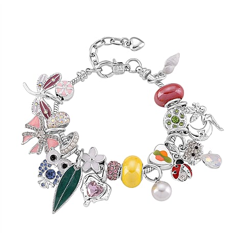 Austrian Multi Colour Crystal & Pearl Enamel Chain Bracelet (Size - 7-1 EXT)