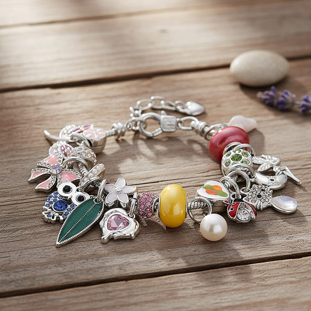 Austrian Multi Colour Crystal & Pearl Enamel Chain Bracelet (Size - 7-1 EXT)