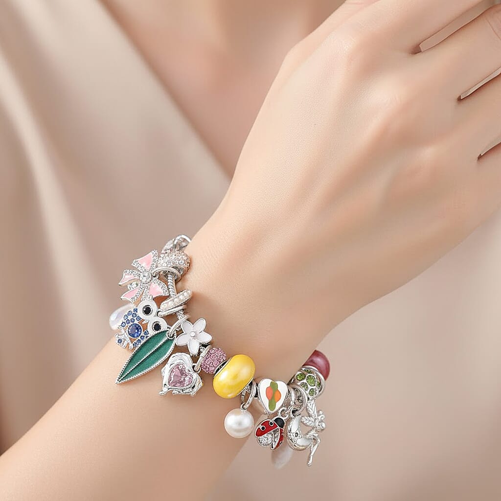 Austrian Multi Colour Crystal & Pearl Enamel Chain Bracelet (Size - 7-1 EXT)
