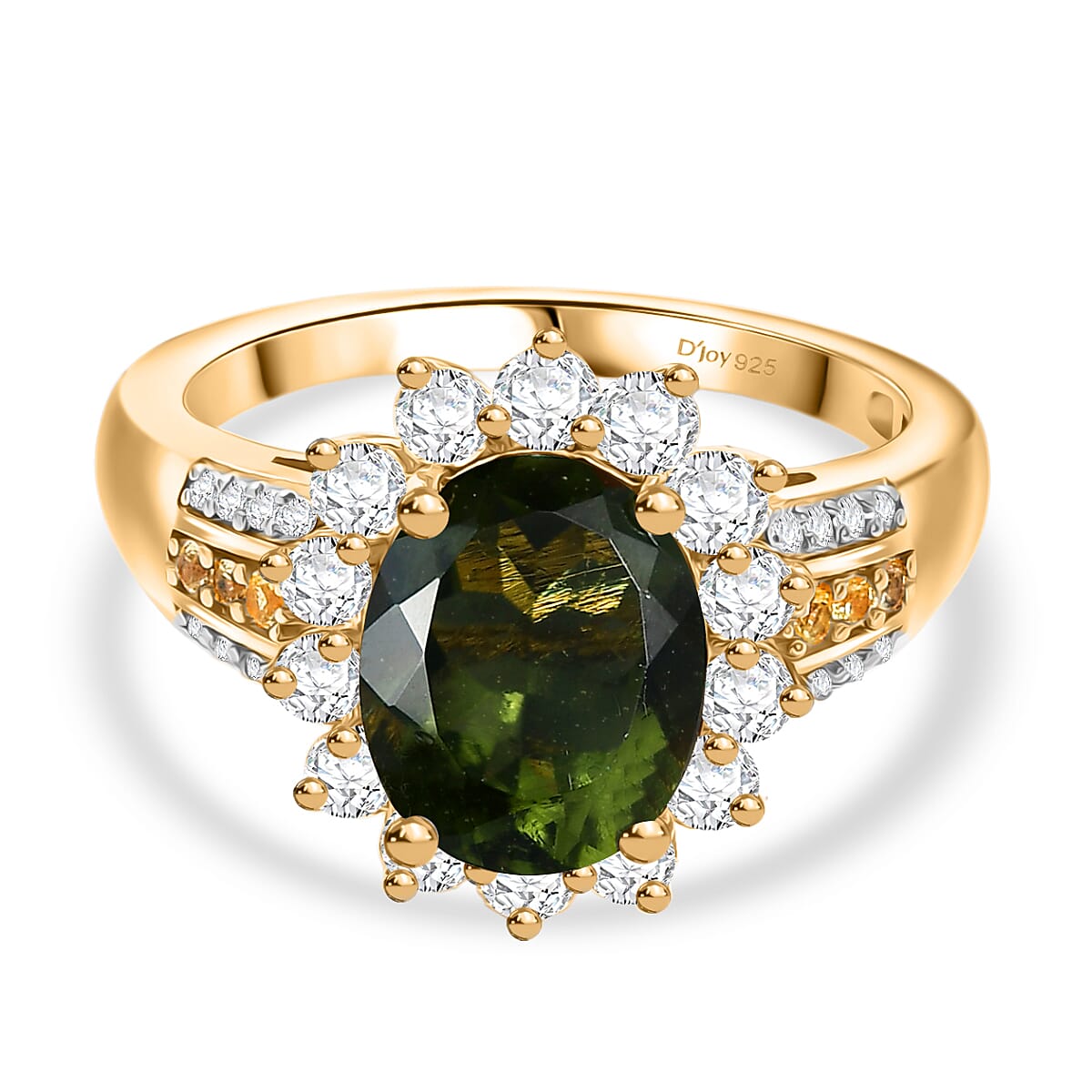 D'Joy Moldavite, Yellow Sapphire & Moissanite Ring in 18K Vermeil Yellow Gold Plated Sterling Silver 2.99 Ct.