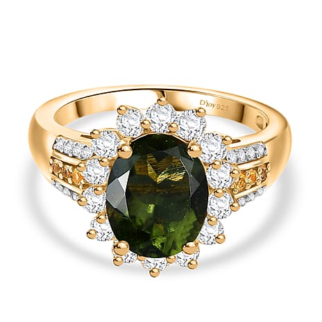 D'Joy Moldavite, Yellow Sapphire & Moissanite Ring in 18K Vermeil Yellow Gold Plated Sterling Silver 2.99 Ct.
