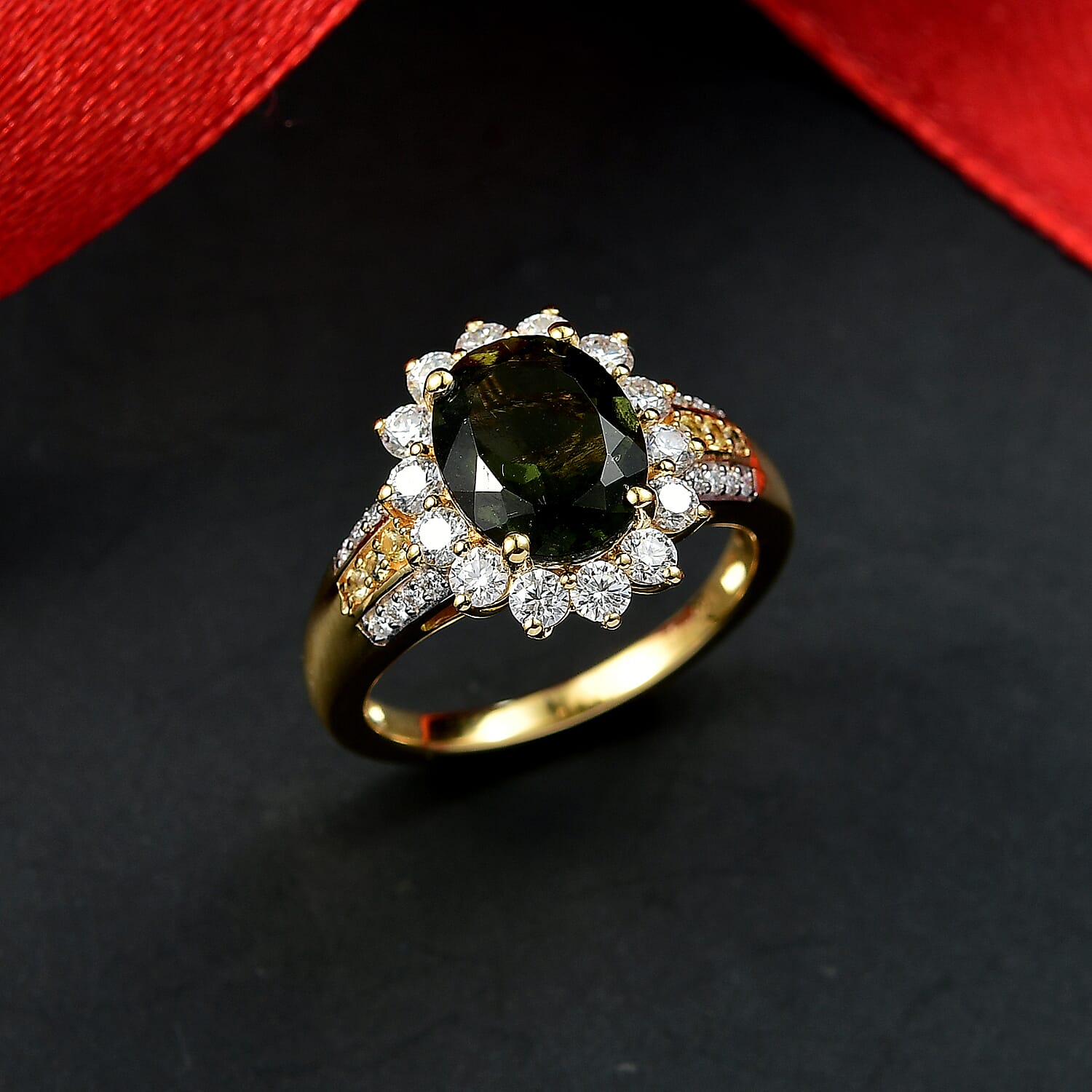 D'Joy Moldavite, Yellow Sapphire & Moissanite Ring in 18K Vermeil Yellow Gold Plated Sterling Silver 2.99 Ct.