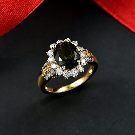 D'Joy Moldavite, Yellow Sapphire & Moissanite Ring in 18K Vermeil Yellow Gold Plated Sterling Silver 2.99 Ct.