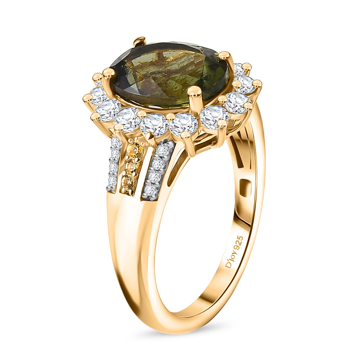 D'Joy Moldavite, Yellow Sapphire & Moissanite Ring in 18K Vermeil Yellow Gold Plated Sterling Silver 2.99 Ct.