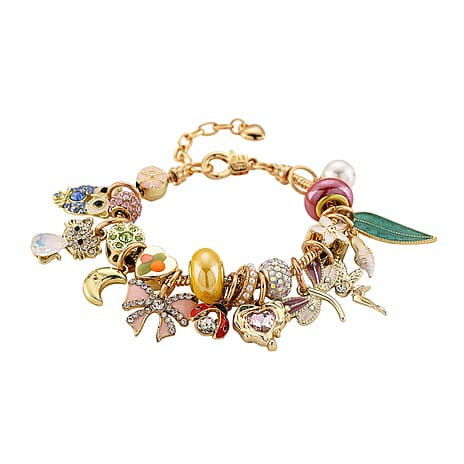 Austrian Multi Colour Crystal & Pearl Dangle Charm Bracelet (Size - 7-1 EXT) in Yellow Gold Tone