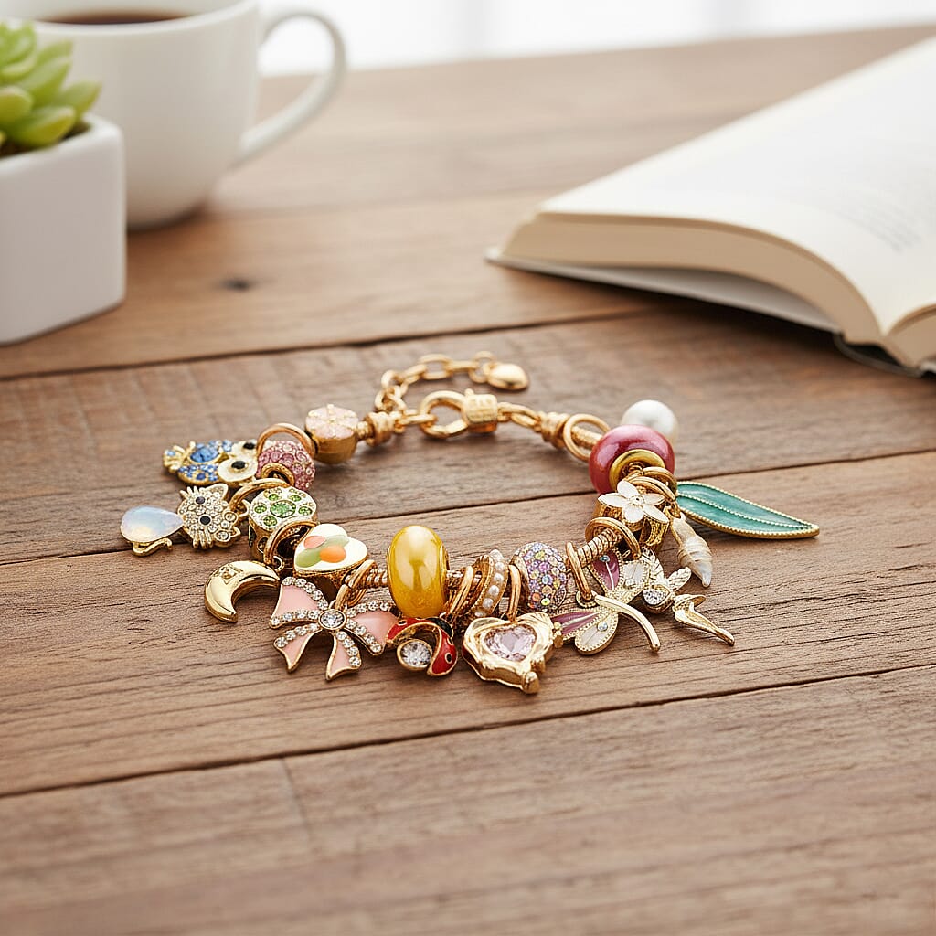 Austrian Multi Colour Crystal & Pearl Dangle Charm Bracelet (Size - 7-1 EXT) in Yellow Gold Tone