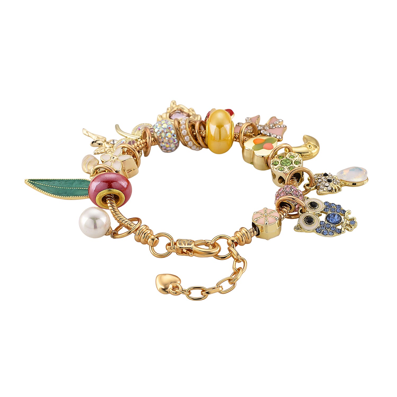 Austrian Multi Colour Crystal & Pearl Dangle Charm Bracelet (Size - 7-1 EXT) in Yellow Gold Tone