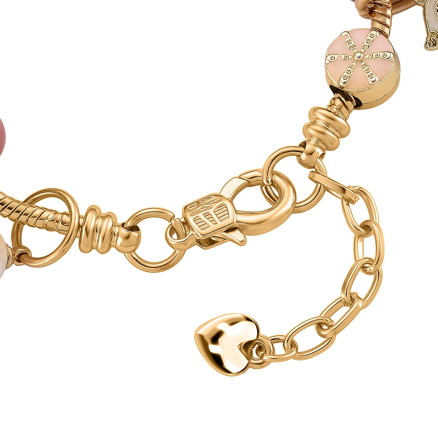 Austrian Multi Colour Crystal & Pearl Dangle Charm Bracelet (Size - 7-1 EXT) in Yellow Gold Tone