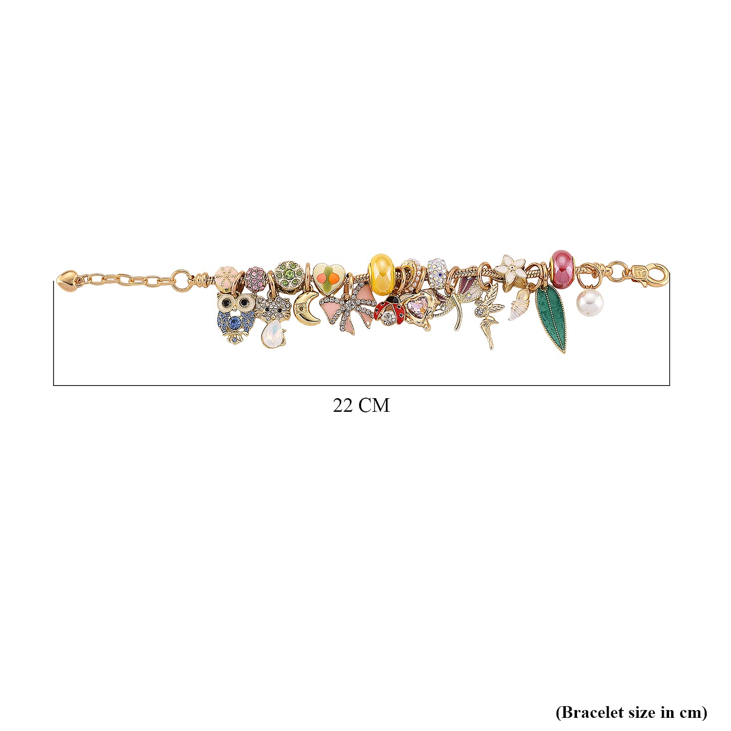 Austrian Multi Colour Crystal & Pearl Dangle Charm Bracelet (Size - 7-1 EXT) in Yellow Gold Tone