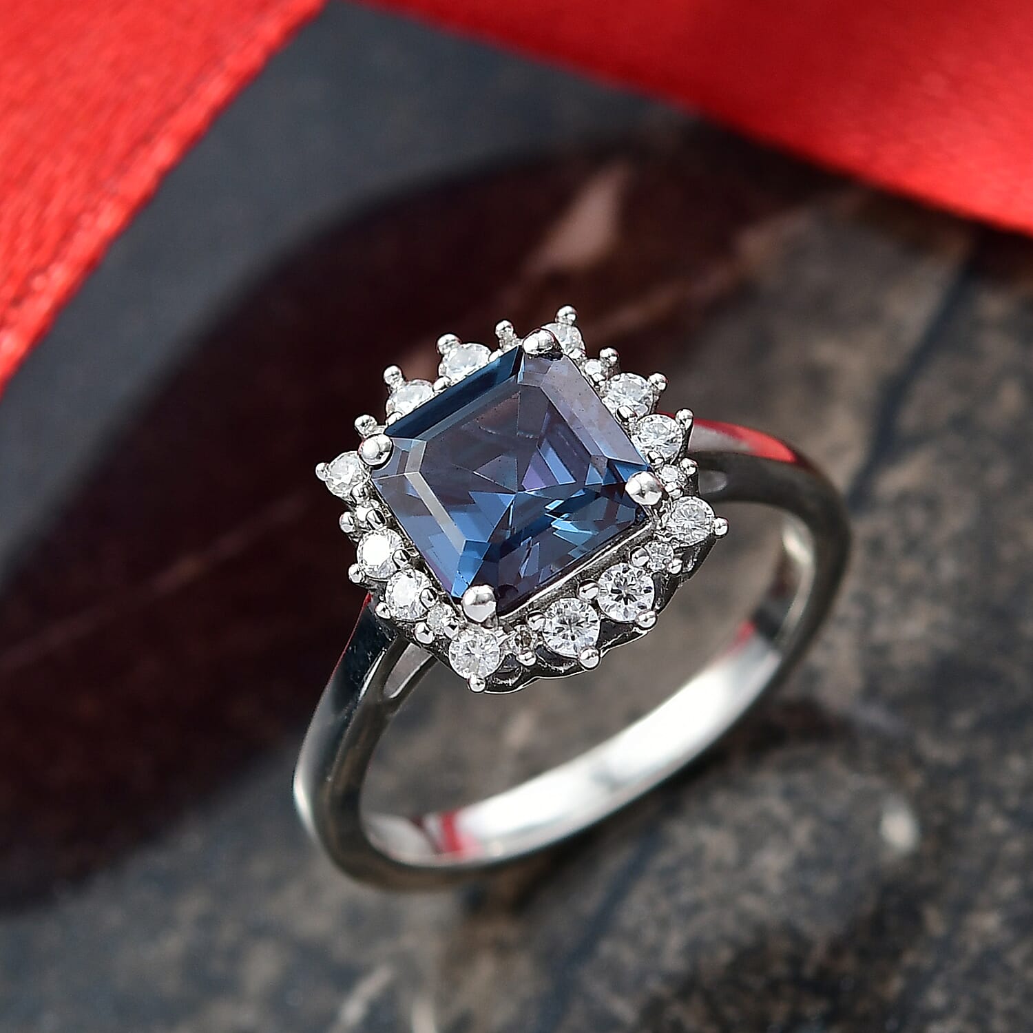 D'Joy Lab Grown Alexandrite & Moissanite Ring in Rhodium Overlay Sterling Silver 2.30 Ct.