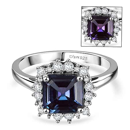 D'Joy 2 Ct. Lab Grown Alexandrite, Moissanite Halo Ring in Rhodium Overlay Sterling Silver