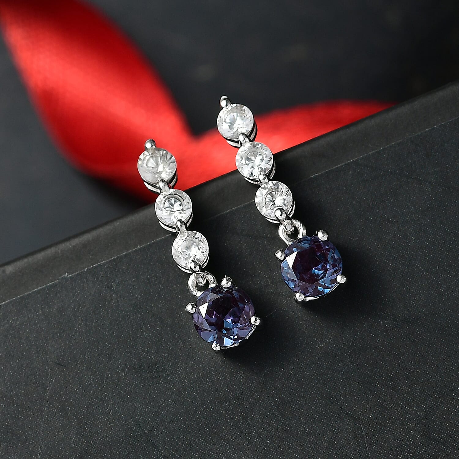 Luxuriant Lab Grown Alexandrite & White Zircon Dangling Earring in Rhodium Overlay Sterling Silver 2.52 Ct.