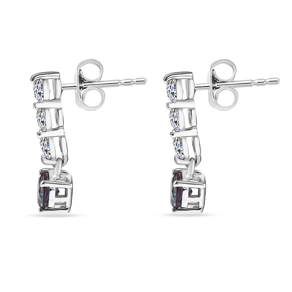 Luxuriant Lab Grown Alexandrite & White Zircon Dangling Earring in Rhodium Overlay Sterling Silver 2.52 Ct.
