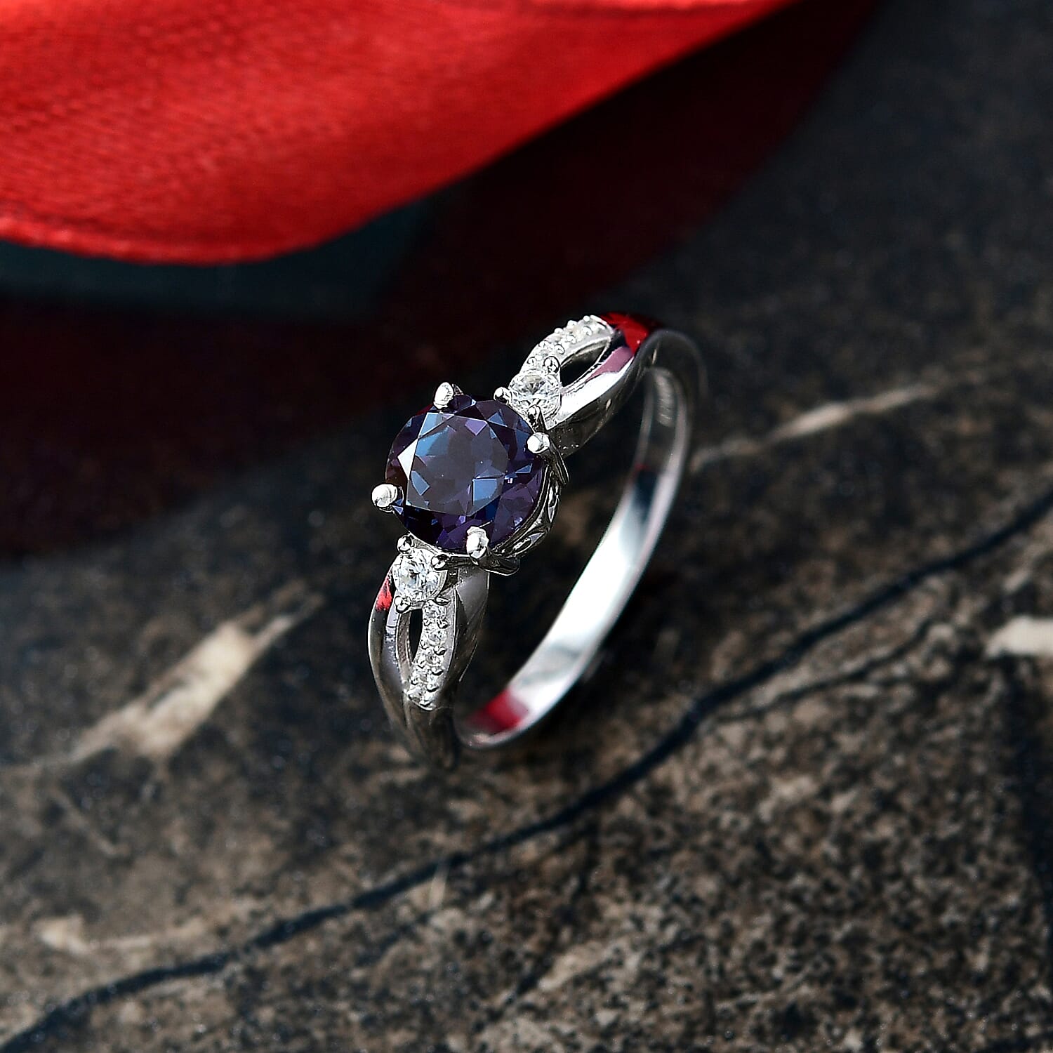 Luxuriant Lab Grown Alexandrite & White Zircon Ring in Rhodium Overlay Sterling Silver 1.27 Ct.