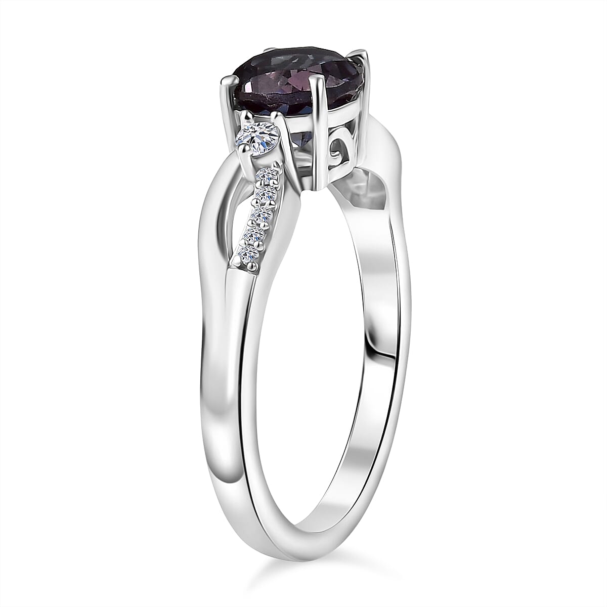 Luxuriant Lab Grown Alexandrite & White Zircon Ring in Rhodium Overlay Sterling Silver 1.27 Ct.