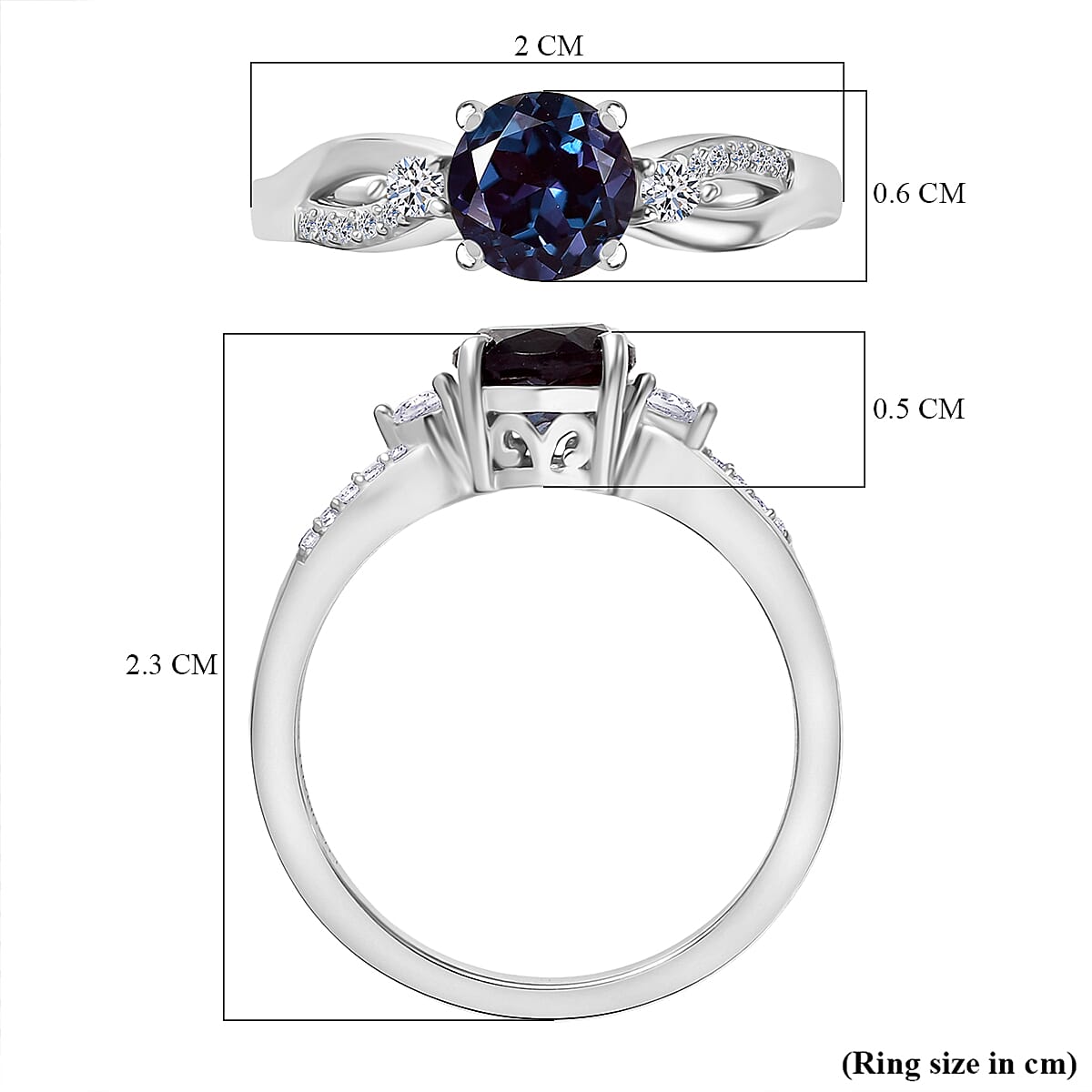 Luxuriant Lab Grown Alexandrite & White Zircon Ring in Rhodium Overlay Sterling Silver 1.27 Ct.