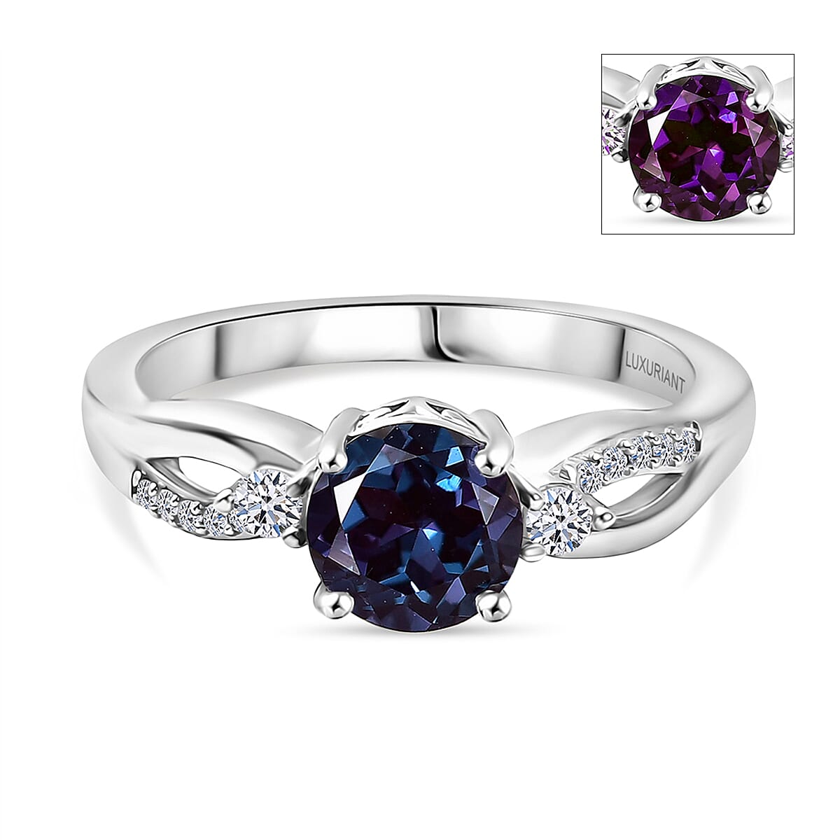 Luxuriant Lab Grown Alexandrite & White Zircon Ring in Rhodium Overlay Sterling Silver 1.27 Ct.