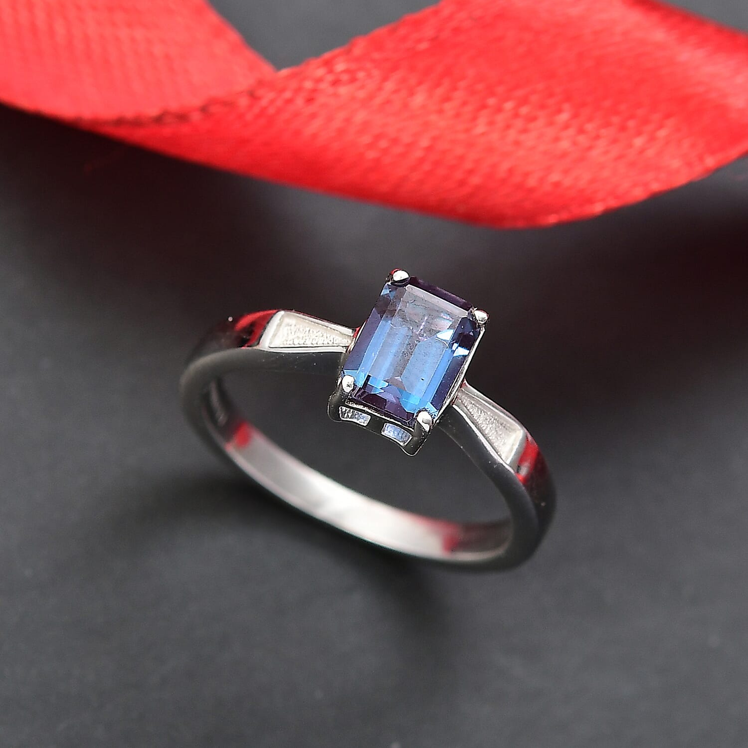 Luxuriant Lab Grown Alexandrite Solitaire Ring in Rhodium Overlay Sterling Silver 1.17 Ct.