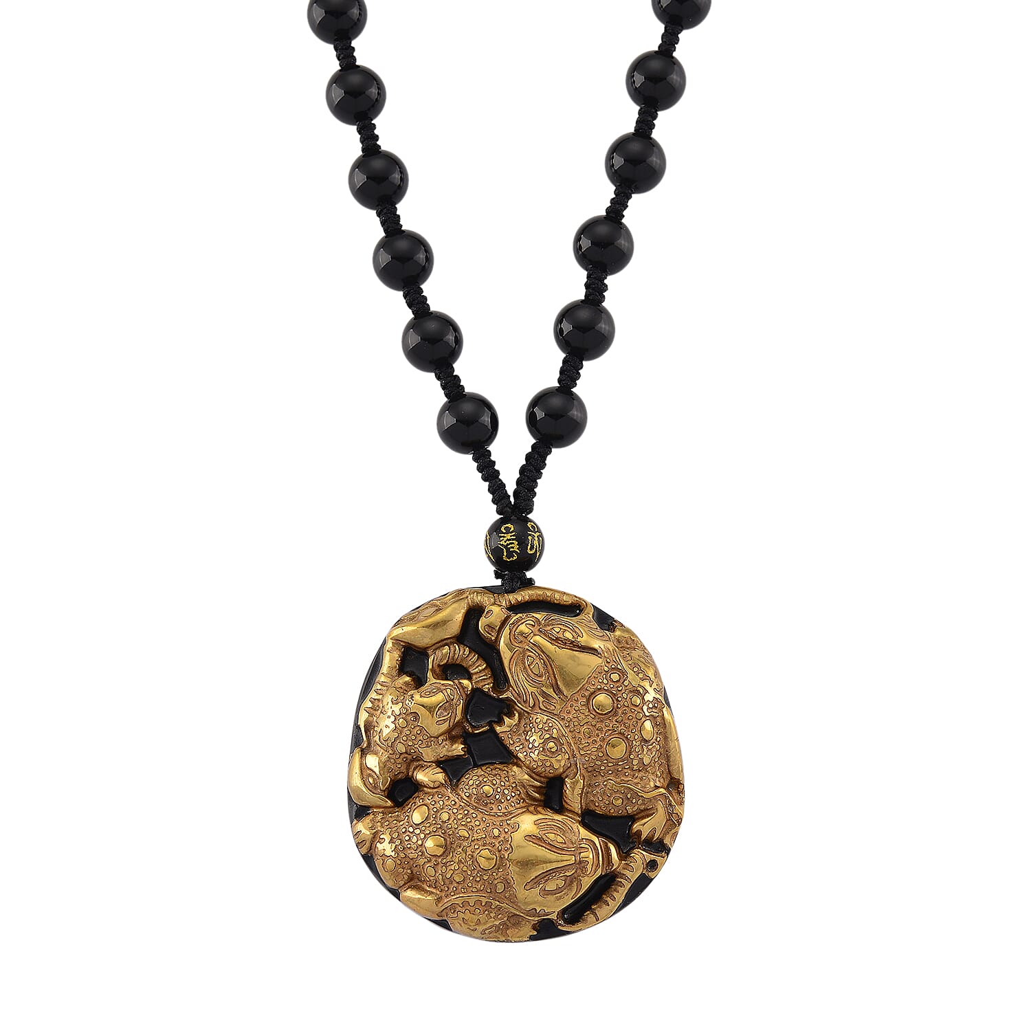 18K Yellow Gold Black Obsidian Triple Pixiu Necklace (Size - 26) 380.00 Ct.