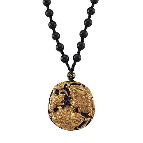 18K Yellow Gold Black Obsidian Triple Pixiu Necklace (Size - 26) 380.00 Ct.
