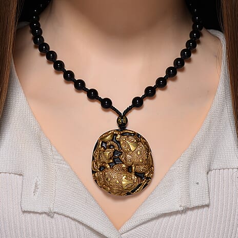18K Yellow Gold Black Obsidian Triple Money Frog Necklace (Size - 26) 380.00 Ct.