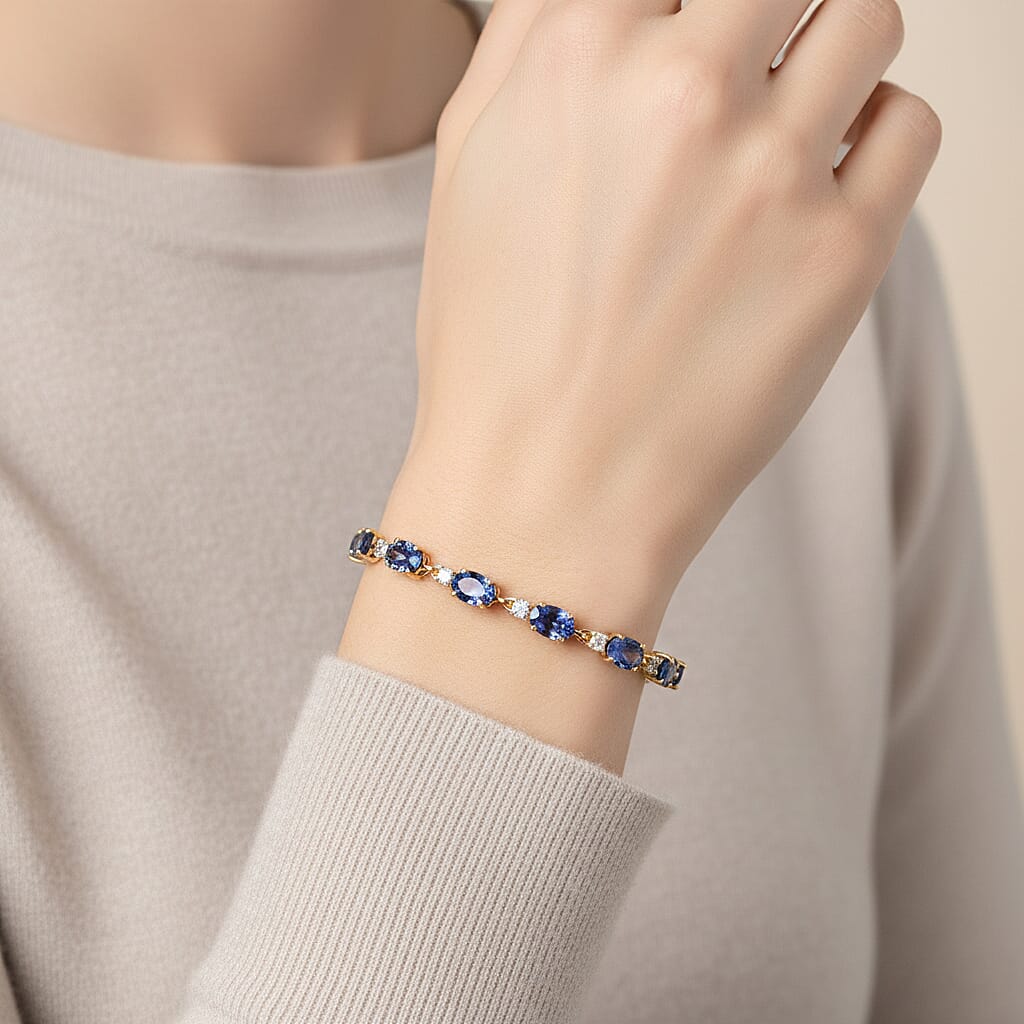 Luxuriant 9K Yellow Gold AAA Tanzanite & Lab Grown Diamond (SI-GH) Cluster Bracelet (Size 7.5) with GB Lock Box 8.13 Ct.