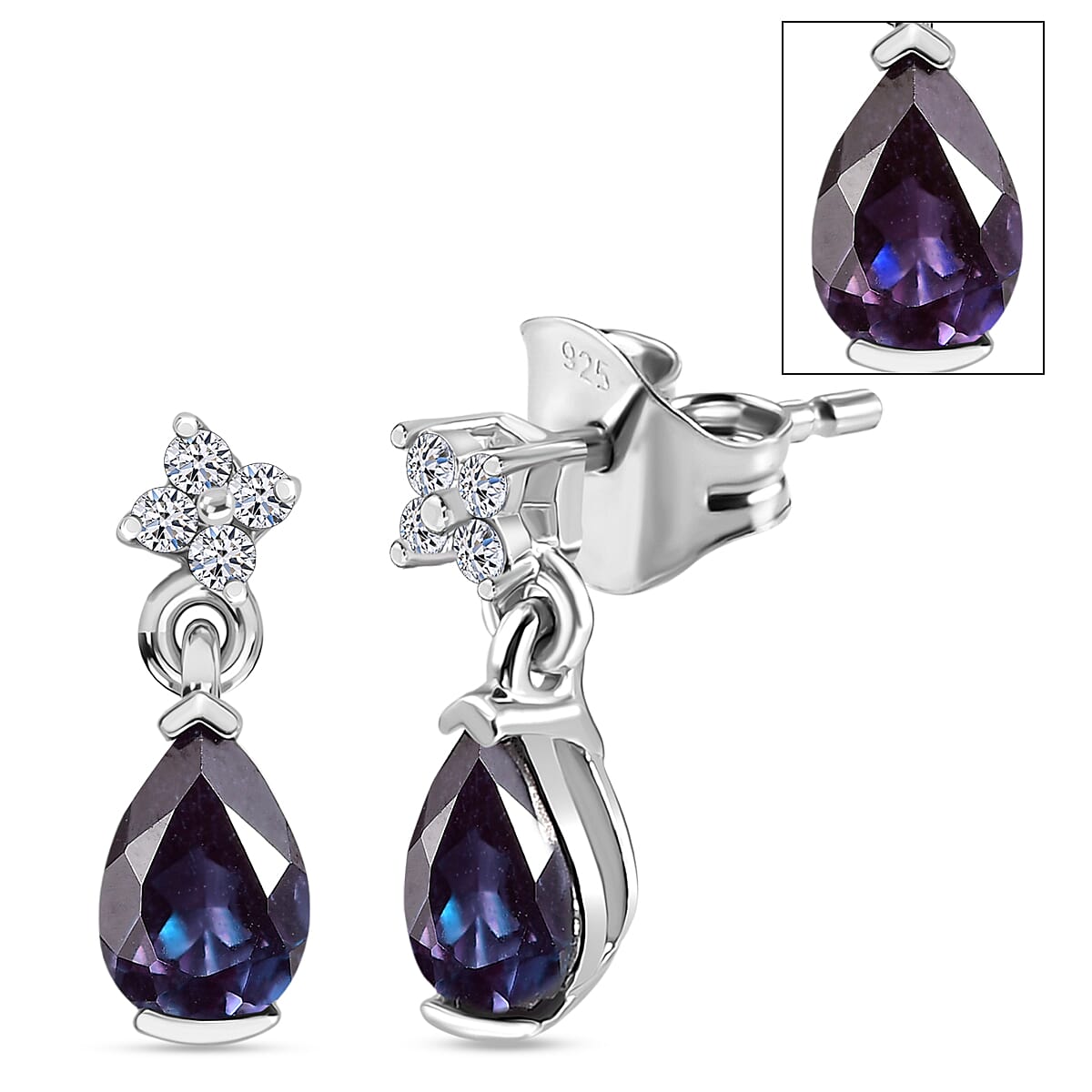Luxuriant Lab Grown Alexandrite & White Zircon Solitaire Stud Push Post Earring in Rhodium Overlay Sterling Silver 1.00 Ct.