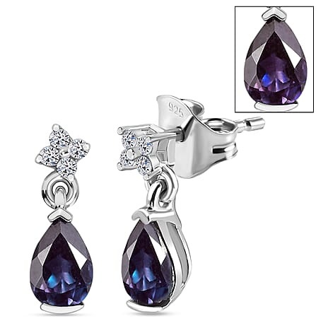 Luxuriant Lab Grown Alexandrite & White Zircon Solitaire Stud Push Post Earring in Rhodium Overlay Sterling Silver 1.00 Ct.