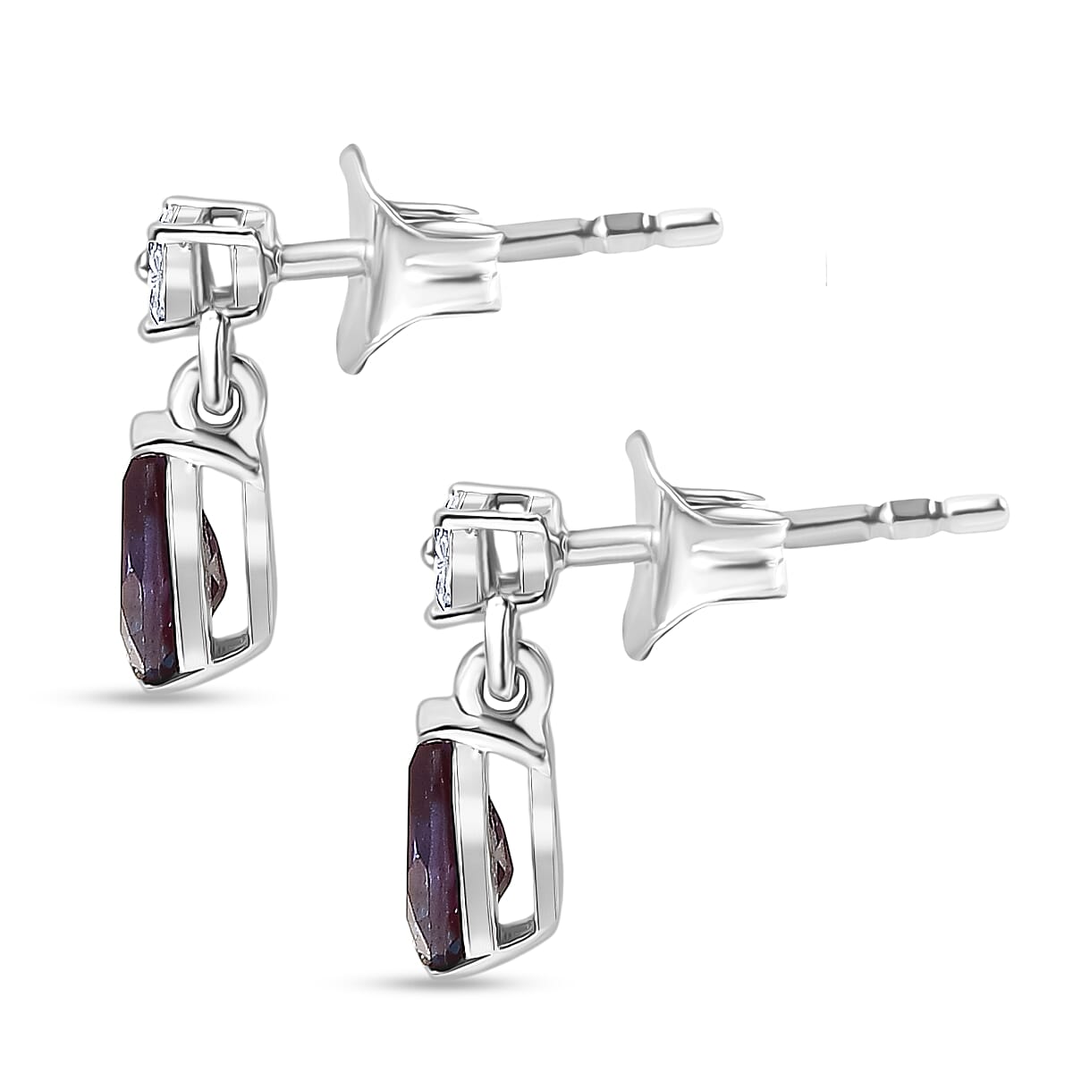 Luxuriant Lab Grown Alexandrite & White Zircon Solitaire Stud Push Post Earring in Rhodium Overlay Sterling Silver 1.00 Ct.