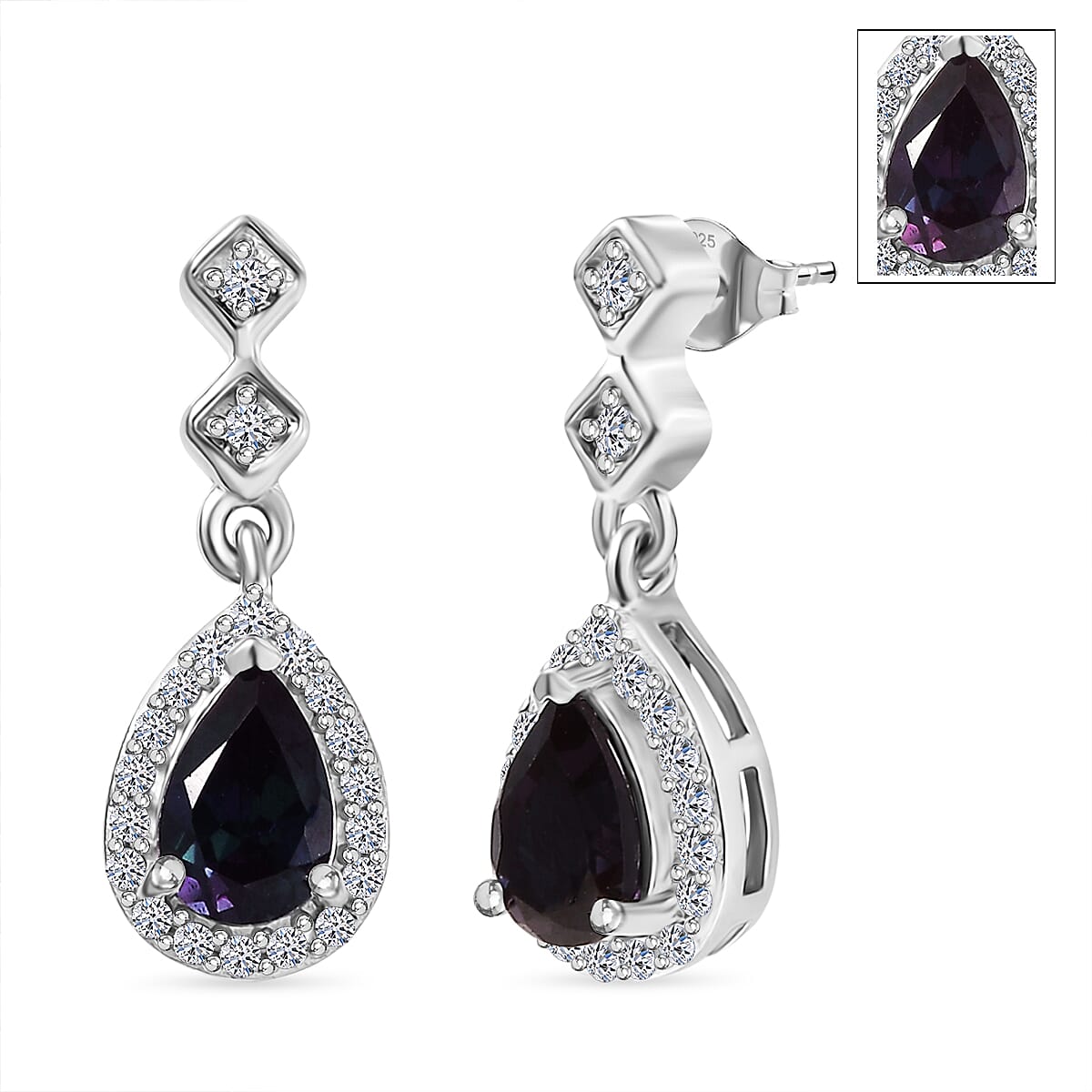 Luxuriant Lab Grown Alexandrite & White Zircon Dangling Earring in Rhodium Overlay Sterling Silver 1.14 Ct.