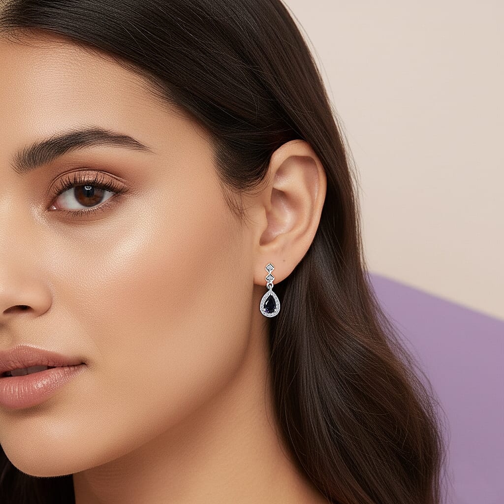 Luxuriant Lab Grown Alexandrite & White Zircon Dangling Earring in Rhodium Overlay Sterling Silver 1.14 Ct.