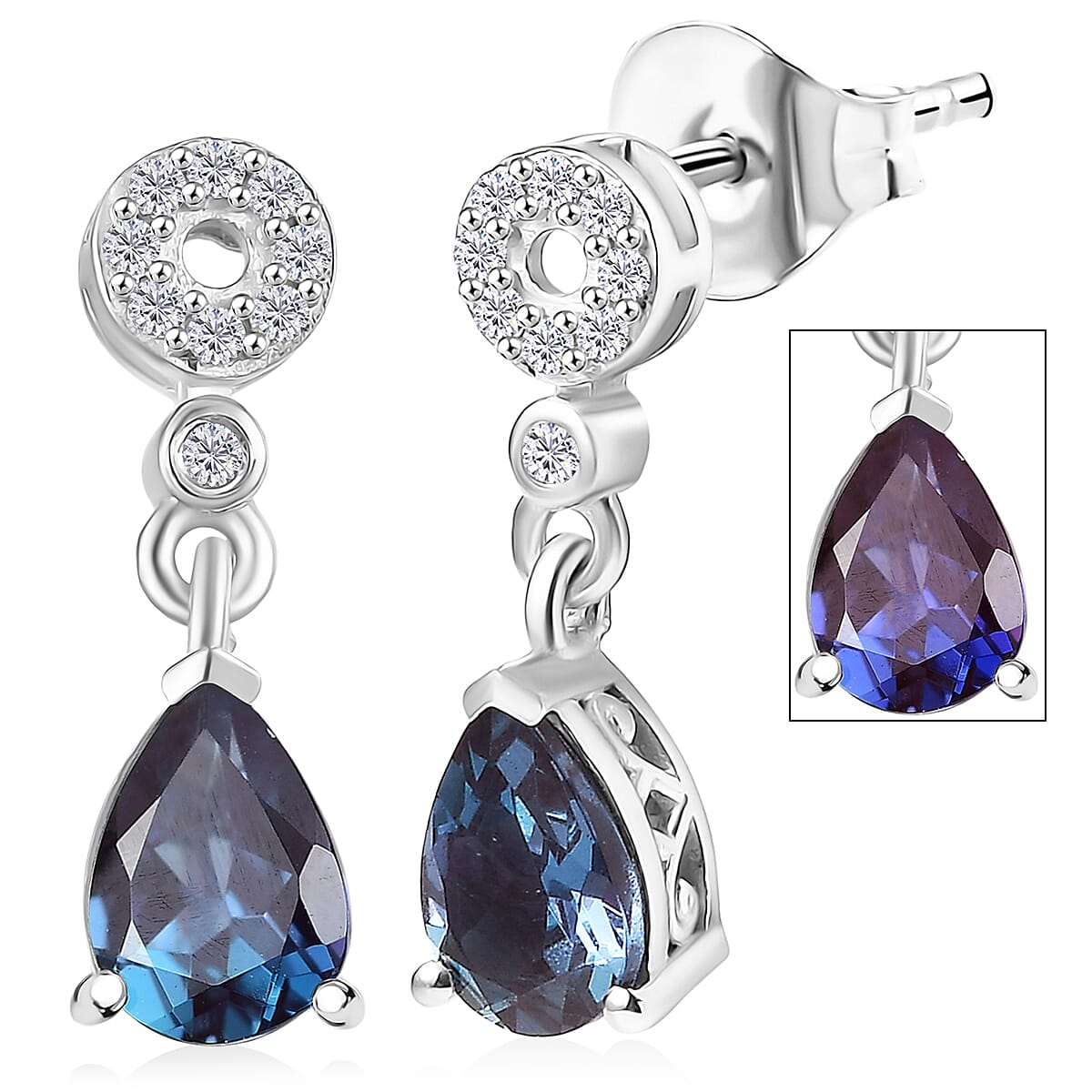 Luxuriant Lab Grown Alexandrite & White Zircon Dangling Earring in Rhodium Overlay Sterling Silver 1.75 Ct.
