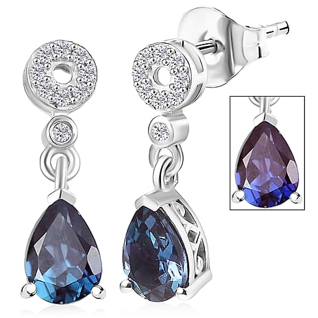 Luxuriant Lab Grown Alexandrite & White Zircon Dangling Earring in Rhodium Overlay Sterling Silver 1.75 Ct.