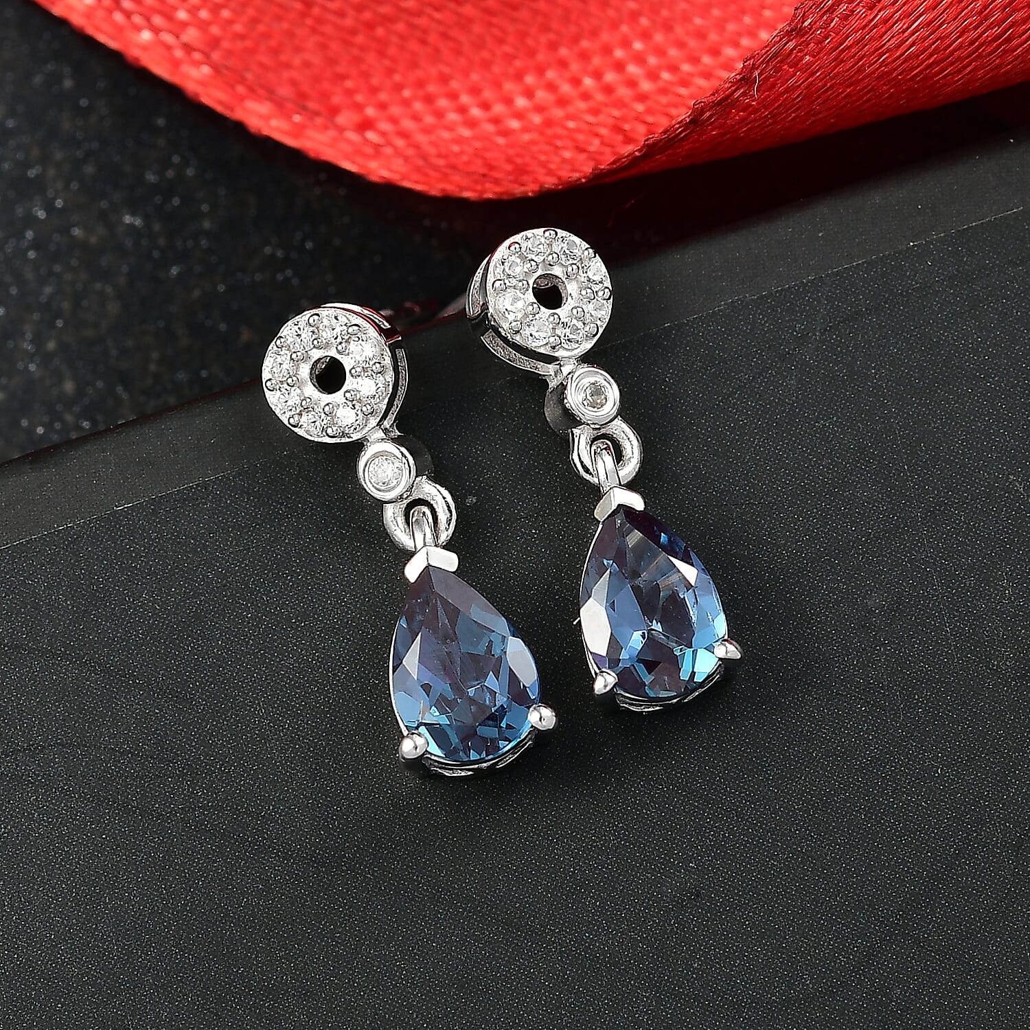 Luxuriant Lab Grown Alexandrite & White Zircon Dangling Earring in Rhodium Overlay Sterling Silver 1.75 Ct.
