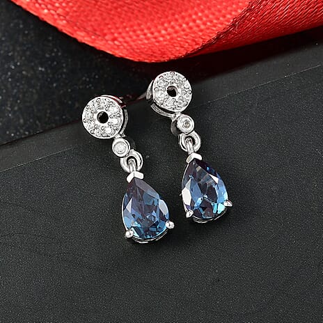 Luxuriant Lab Grown Alexandrite & White Zircon Dangling Earring in Rhodium Overlay Sterling Silver 1.75 Ct.