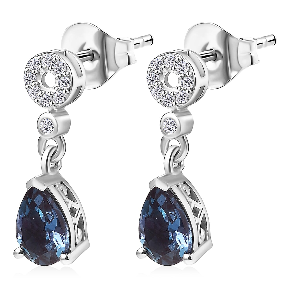 Luxuriant Lab Grown Alexandrite & White Zircon Dangling Earring in Rhodium Overlay Sterling Silver 1.75 Ct.