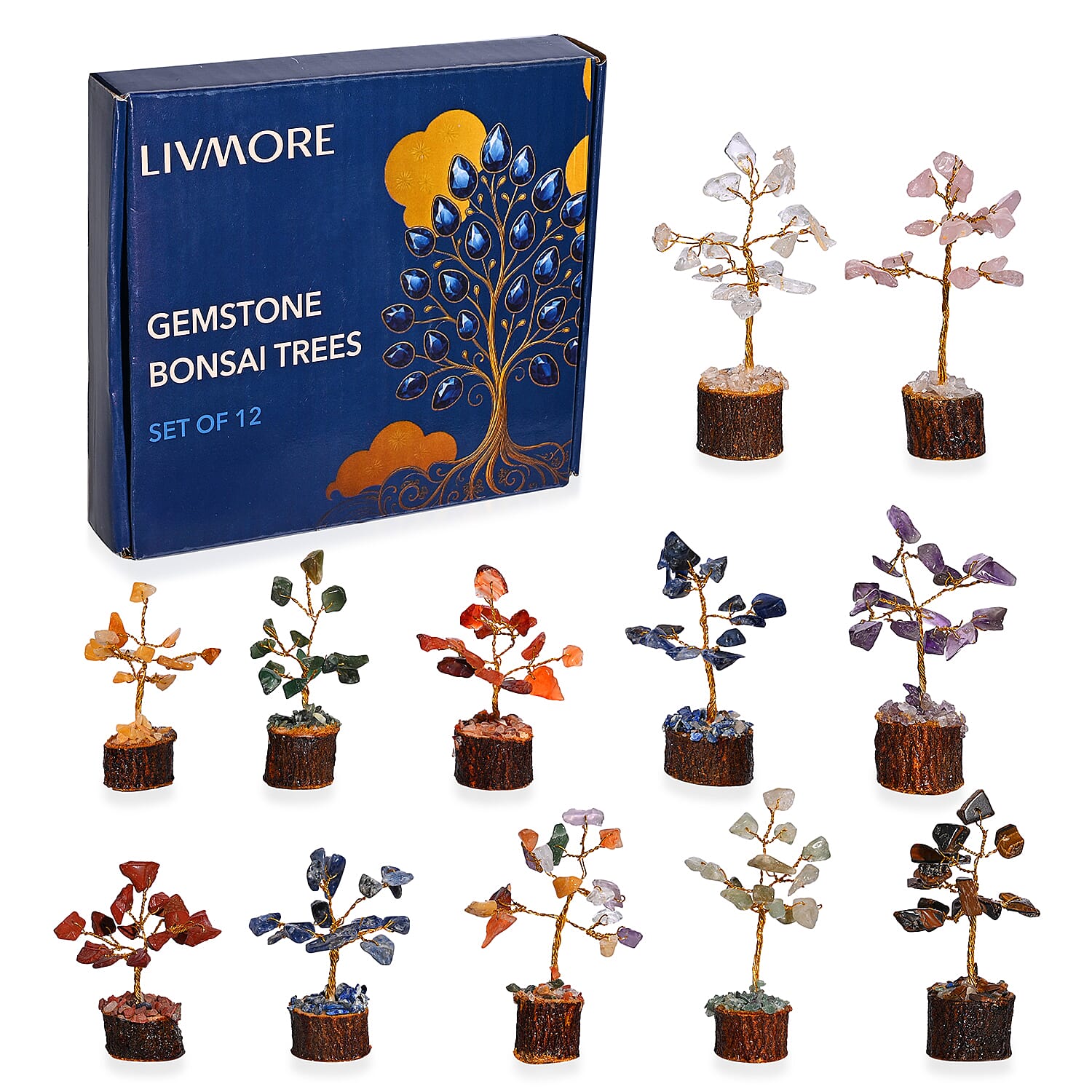Tucson Find  Deal Livmore Set of 12 Gemstone Bonsai Trees (5.08cm) - Multi Colour