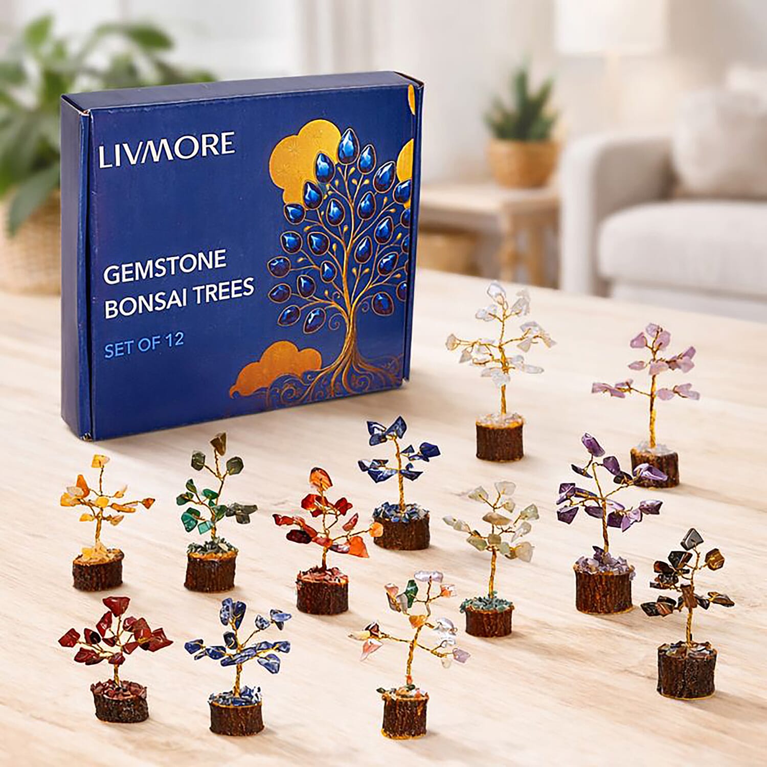 Tucson Find  Deal Livmore Set of 12 Gemstone Bonsai Trees (5.08cm) - Multi Colour