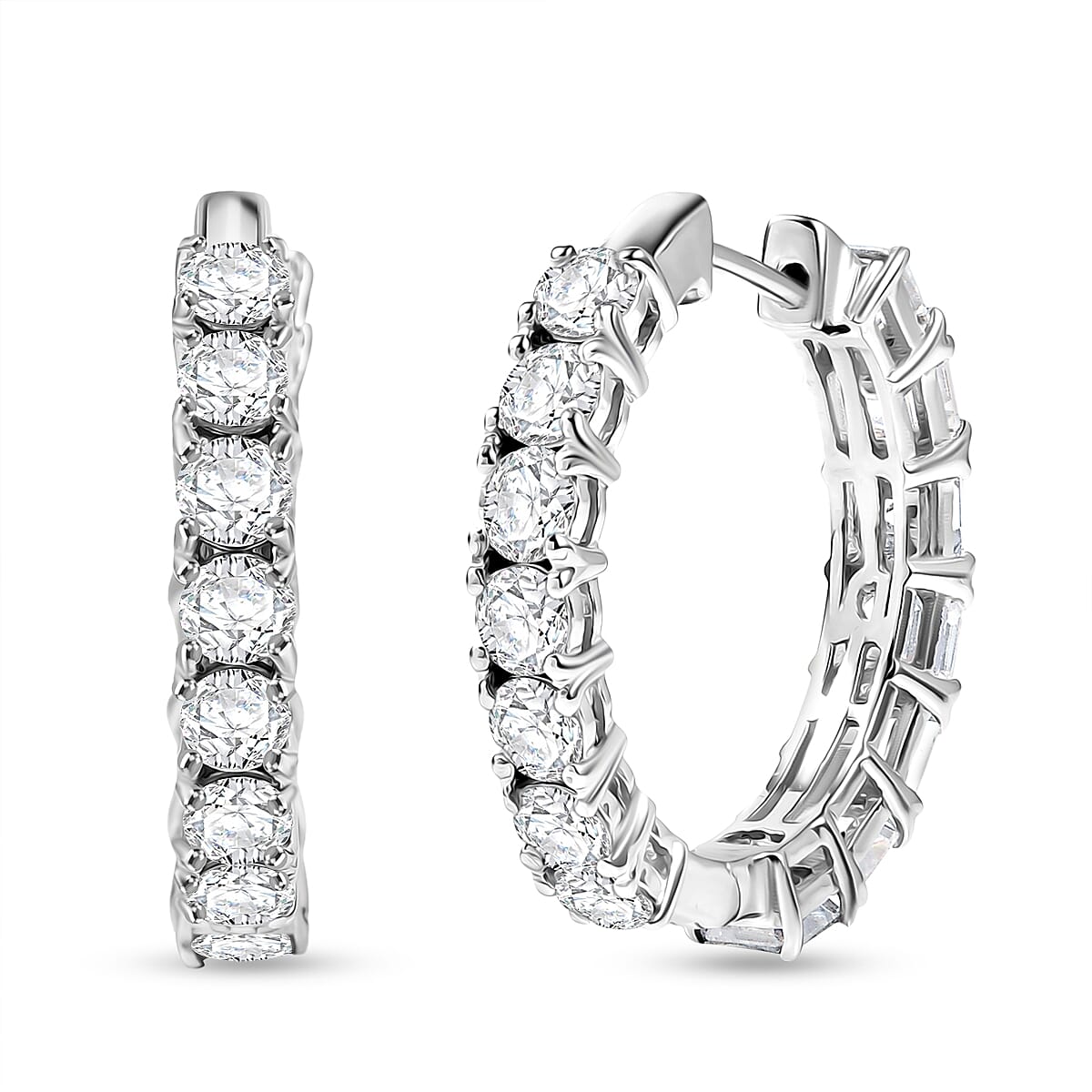 D'Joy Moissanite Full Hoop Earring in Rhodium Overlay Sterling Silver 7.17 Ct, Silver Wt. 6.17 Gms.