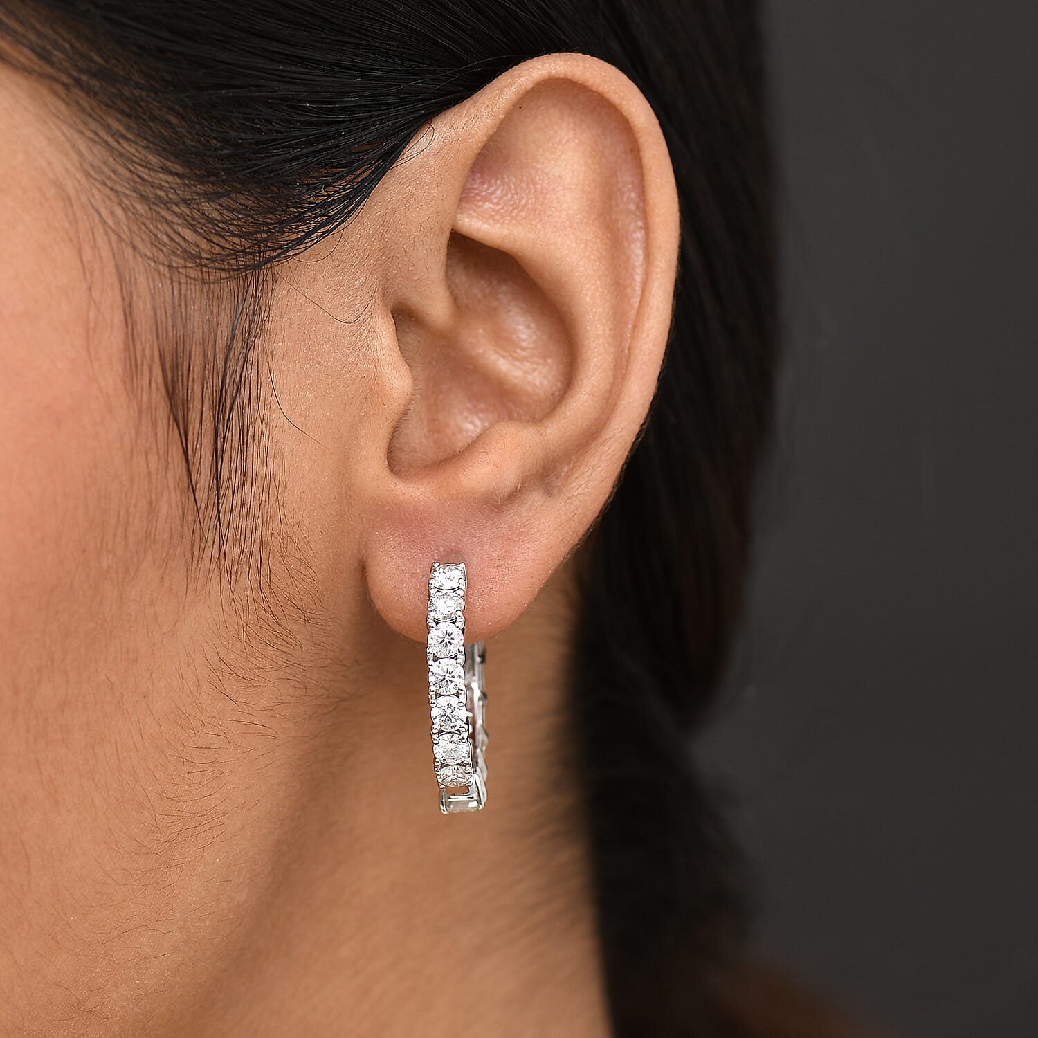 D'Joy Moissanite Full Hoop Earring in Rhodium Overlay Sterling Silver 7.17 Ct, Silver Wt. 6.17 Gms.